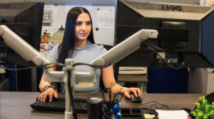 MSU student and C2 Hub employee, Regmi Shiwani works on a computer