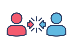 Decorative image to convey conflict resolution. Two icons with arrows in between them, depicting conversation